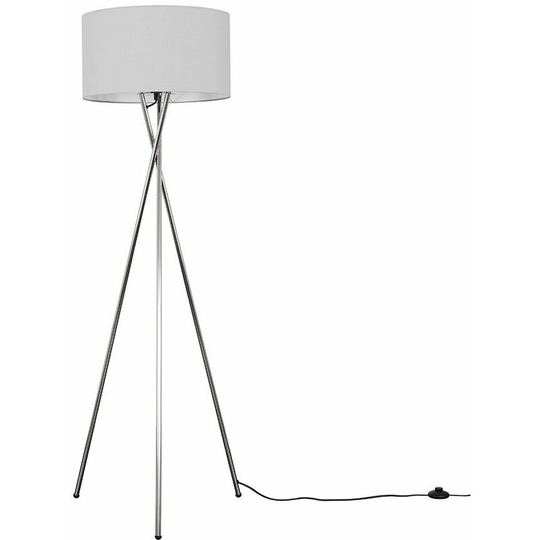 Floor Lamp Tripod Camden Light in Chrome with Cylinder Lampshade - Cool Grey + led Bulb