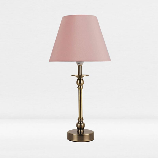 First Choice Lighting - Antique Brass Plated Bedside Table Light with Ball Detail Column and Blush Pink Fabric Shade - Antique brass plate and
