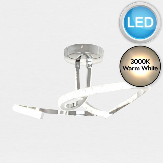 Jewelled Chrome LED Swirl Ceiling Light - Polished chrome plate with clear jewelled acrylic detail