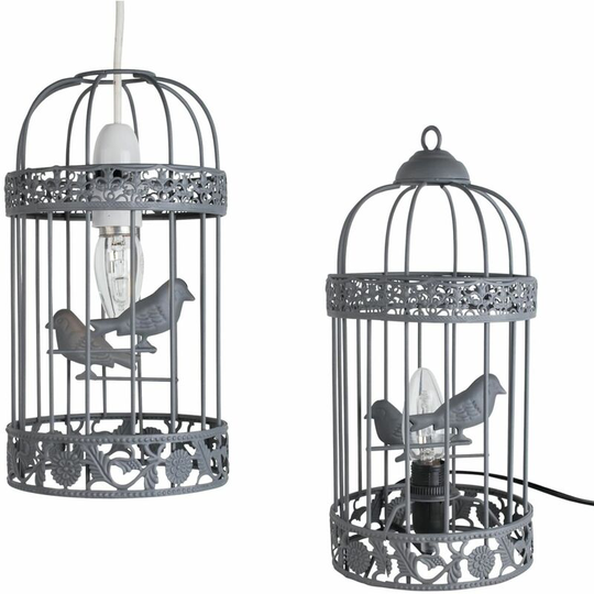 First Choice Lighting - Grey Birdcage Table Lamp with Matching Ceiling Light Shade - Matt grey paint