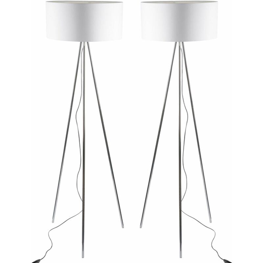Pair of Chrome Tripod Floor Lamps with White Fabric Shades - Polished chrome plate and white cotton