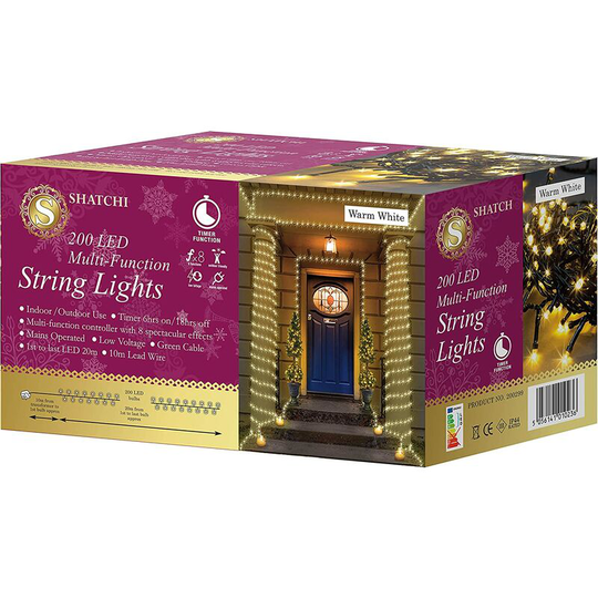 200 Warm White LEDs Multifunction Timer Outdoor String Fairy Lights 20M - Natural