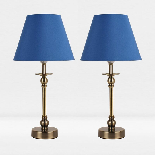 First Choice Lighting - Set of 2 Antique Brass Plated Bedside Table Light with Ball Detail Column Blue Fabric Shade - Antique brass plate and