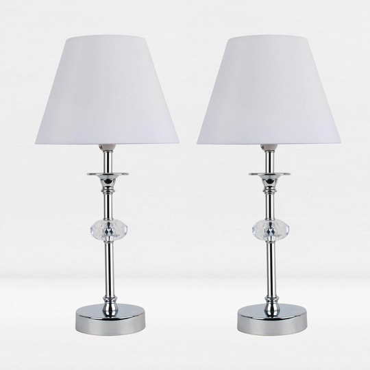 First Choice Lighting - Set of 2 Chrome Plated Stacked Bedside Table Light Faceted Acrylic Detail White Fabric Shade - Polished chrome plate with