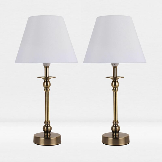 First Choice Lighting - Set of 2 Antique Brass Plated Bedside Table Light with Ball Detail Column White Fabric Shade - Antique brass plate and