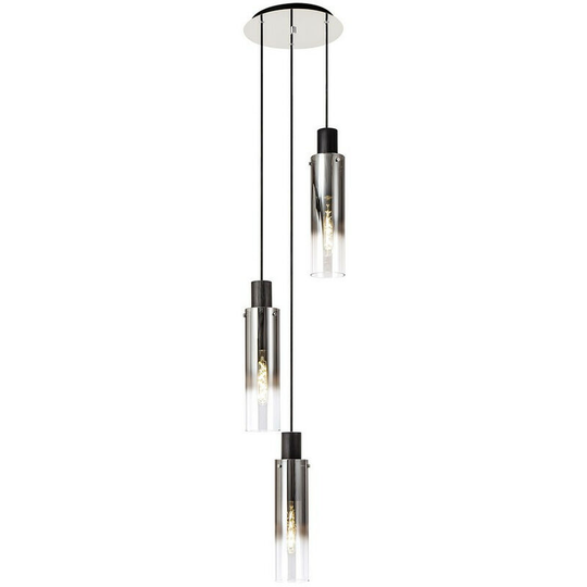 Luminosa Round Pendant, 3 Light Adjustable E27, Black, Smoke Fade Glass
