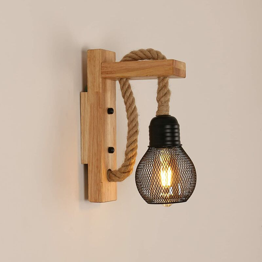 Aougo - Vintage Industrial Wall Sconce, Retro Rustic Wooden Wall Lamp, Black Metal Cage Shade, Hemp Rope Hanging Wall Lighting for Bedroom, Living