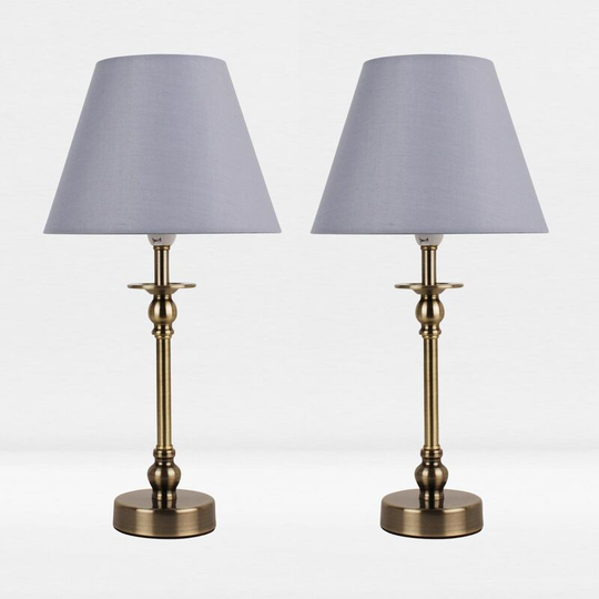 First Choice Lighting - Set of 2 Antique Brass Plated Bedside Table Light with Ball Detail Column Grey Fabric Shade - Antique brass plate and