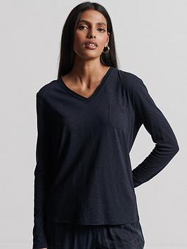 Superdry Studios Long Sleeve Pocket V-Neck Top - Blue, Blue, Size 8, Women