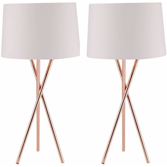 First Choice Lighting - Pair Copper Tripod Table Lamp with White Fabric Shade - Polished copper plate and white cotton