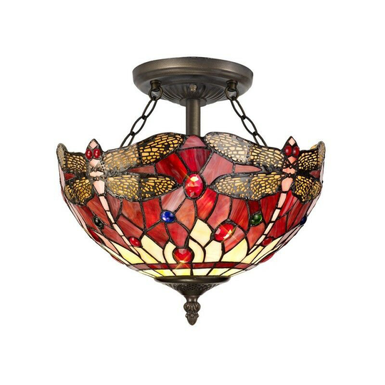 Luminosa Lighting - 2 Light Semi Flush Ceiling E27 With 30cm Tiffany Shade, Purple, Pink, Crystal, Aged Antique Brass