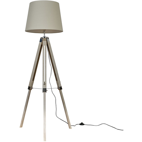 Clipper Tripod Floor Lamp in Light Wood with Large Aspen Shade - Beige + led Bulb