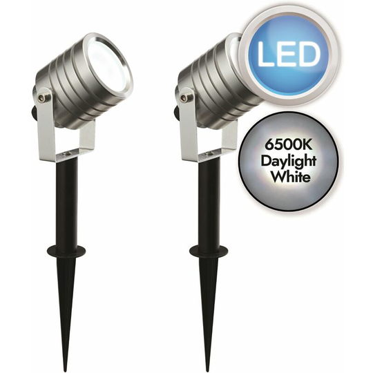 First Choice Lighting - Set of 2 Silver Aluminium led Spot Spike Lights with Inline Drivers - Anodised aluminium and frosted acrylic