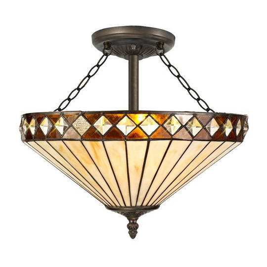 3 Light Semi Flush Ceiling E27 With 40cm Tiffany Shade, Amber, Crystal, Aged Antique Brass - Luminosa Lighting