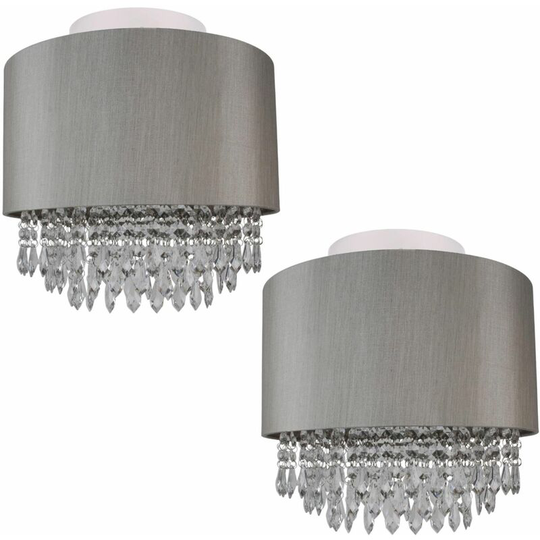 First Choice Lighting - Set of 2 Large 350mm Silver Flush Shade with Silver Inner and Clear Droplets - Polished chrome plate with clear acrylic