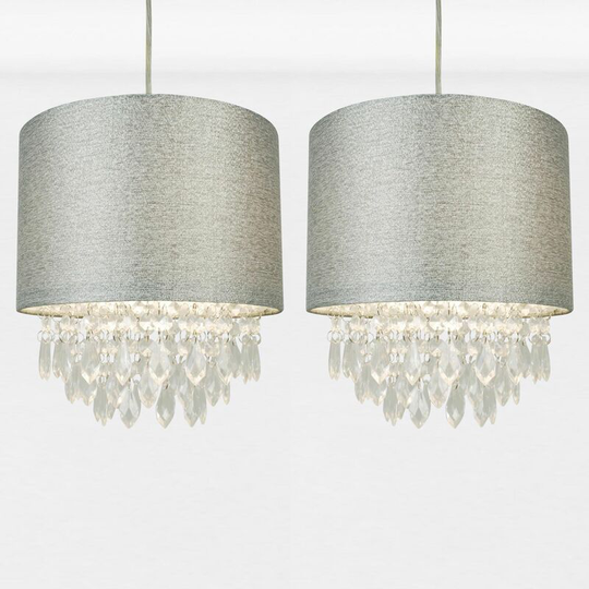 First Choice Lighting - Set of 2 Sparkle Grey Faux Silk Jewelled Easy Fit Light Shades - Sparkle grey faux silk with clear acrylic detail