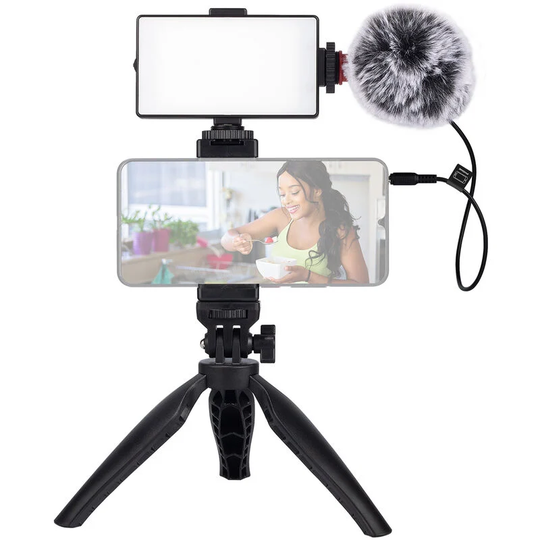 Asupermall - Phone Vlogging Kit for Video Recording with Microphone Built-in Battery led Light Windscreen with Phone Clamp Tripod Shock Mount and