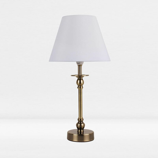 First Choice Lighting - Antique Brass Plated Bedside Table Light with Ball Detail Column White Fabric Shade - Antique brass plate and textured white