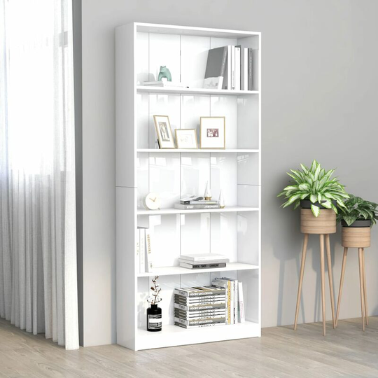 Topdeal - 5-Tier Book Cabinet High Gloss White 80x24x175 cm Chipboard FF800924_UK
