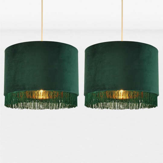 First Choice Lighting - Set of 2 Spruce Green Velvet With Gold Inner Tassled Light Shades - Spruce green velvet with gold inner detail