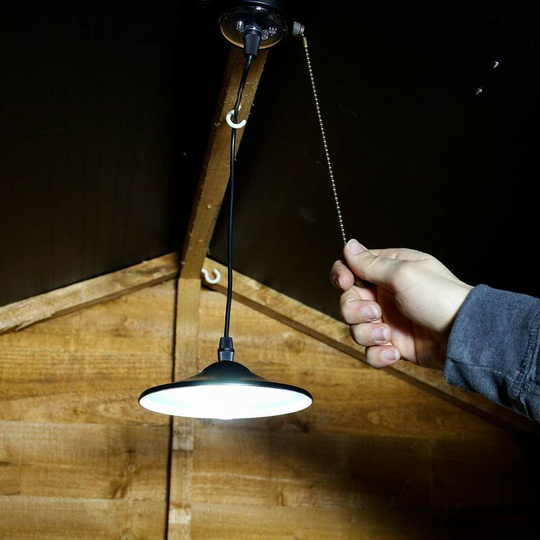 Solar Power Outdoor Black led Shed Light |Pull Cord Garden Garage Downlighter