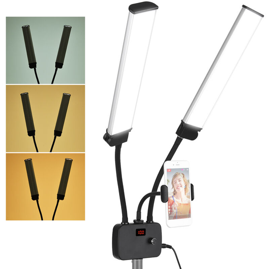 Asupermall - Flexible Double Arms led Fill Light Bi-color Dimmable Beauty led Video Lights 3200K-4500K-5600K 3 Lighting Modes 45W with Phone Holder