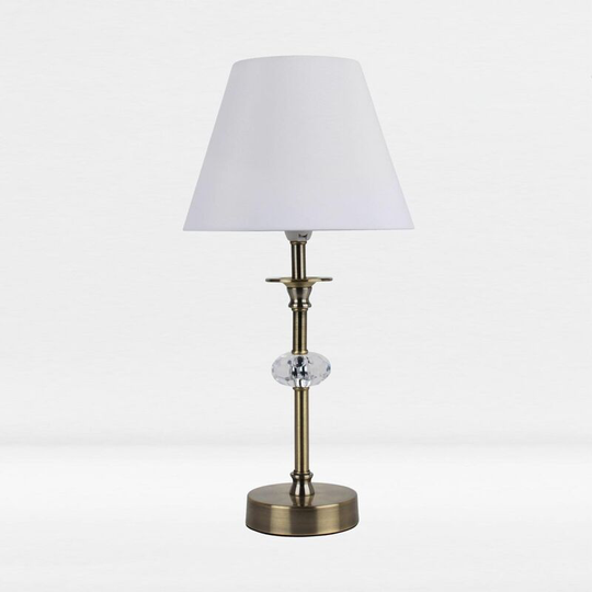 First Choice Lighting - Antique Brass Plated Stacked Bedside Table Light Faceted Detail White Fabric Shade - Antique brass plate with clear acrylic