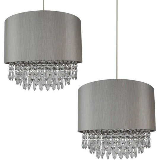 First Choice Lighting - 2 x Modern Silver Ceiling Light Pendant Shades w/ Silver Inner & Clear Droplet Beads - Silver faux silk with clear acrylic