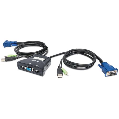 Manhattan KVM Switch Mini 2-Port 2x USB-A Cables included Audio Support Control 2x computers from one pc/mouse/screen Black Lifetime Warranty Boxed