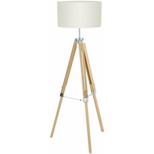Loops - Tripod Floor Lamp Light Wood Leg & Beige Fabric Shade 1 x 60W E27 Bulb