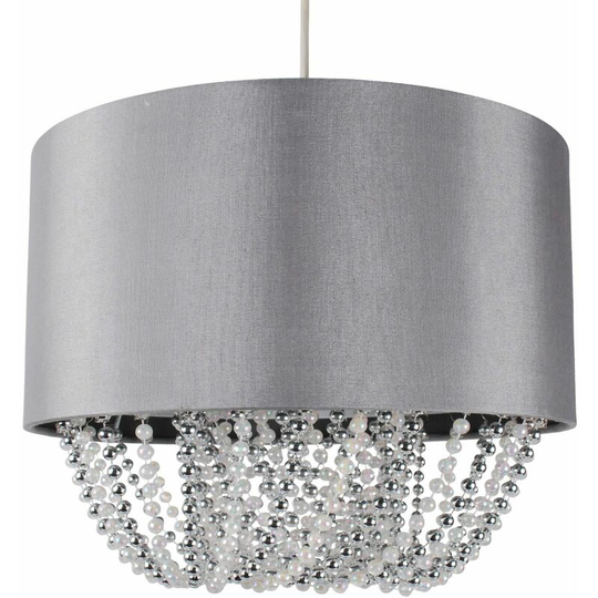 First Choice Lighting - Large 40cm Grey Fabric Non Electric Pendant With Beaded Diffuser - Grey faux silk with chrome & pearl lustre acrylic detail