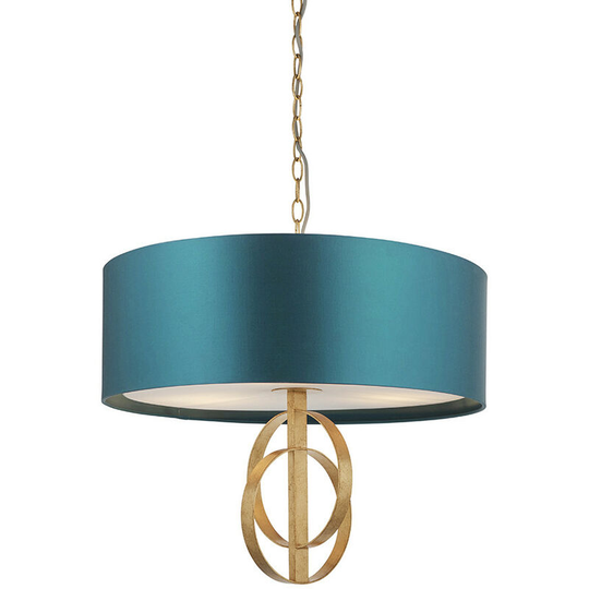 Merano Trento 3 Light Ceiling Pendant Antique Gold Leaf & Teal Satin Fabric