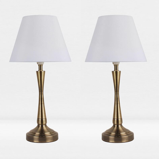 First Choice Lighting - Set of 2 Antique Brass Plate Bedside Table Light with Detailed Column and White Fabric Shade - Antique brass plate and