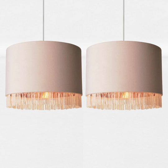 First Choice Lighting - Set of 2 Blush Pink Velvet With Copper Inner Tassled Light Shades - Blush pink velvet with copper inner detail