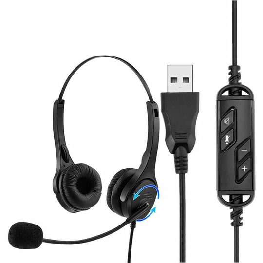 USB Wired Computer Headset Handsfree Binaural Headset with Microphone Volume and Mute Button for Office Call Center