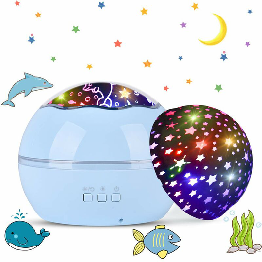 Litzee - led Projector Lamp, Starry Sky Baby Night Light, 2 in 1 Ocean Projector & Stars Bedside Lamp, 360° Rotation Projection Lamp, 8 Colour