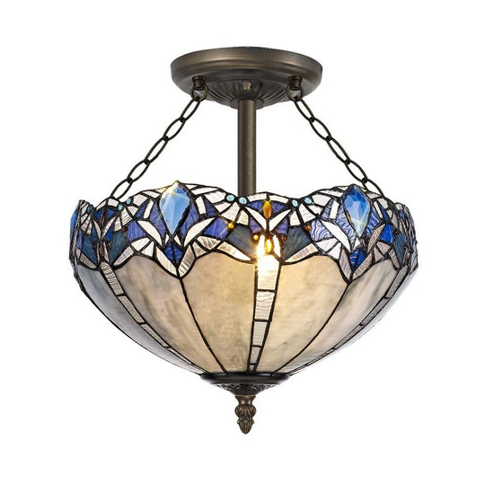 3 Light Semi Flush Ceiling E27 With 40cm Tiffany Shade, Blue, Clear Crystal, Aged Antique Brass - Luminosa Lighting