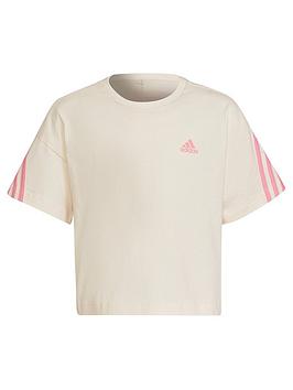adidas Future Icons Kids Girls 3 Stripe Short Sleeve T-Shirt - Light Beige, Light Beige, Size 3-4 Years, Women