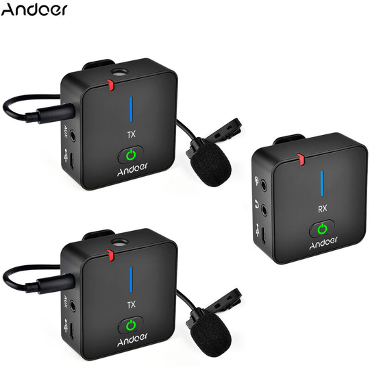 Andoer - MX5 2.4G Wireless Recording Microphone System(1 Reveiver + 2 Transmitters) with Clip-on Lavalier Mics 50M Effective Range Built-in