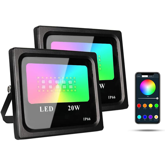 2 Pack 20W rgb led Floodlight, Color Projector Bluetooth Light app Controlled Indoor Outdoor Lighting IP66 Waterproof for Festival Party