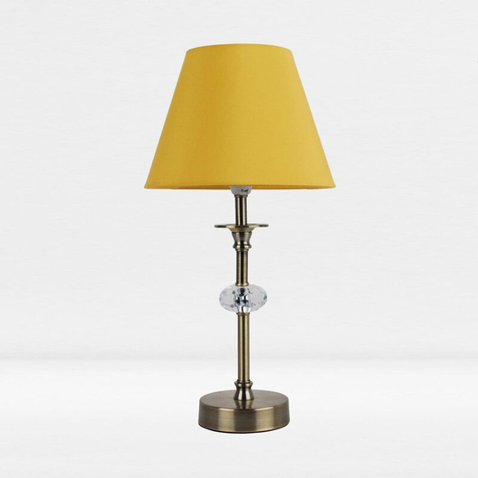 First Choice Lighting - Antique Brass Plated Stacked Bedside Table Light Faceted Detail Ochre Fabric Shade - Antique brass plate with clear acrylic