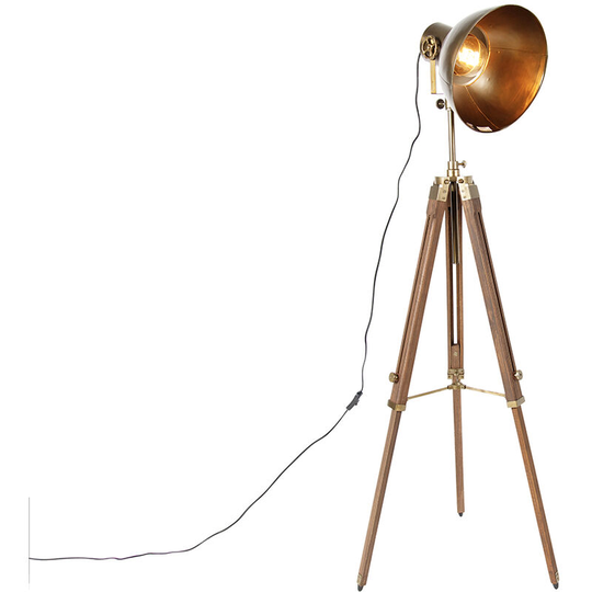 Qazqa - Industriële tripod vloerlamp brons met hout - Mangoes - Bronze