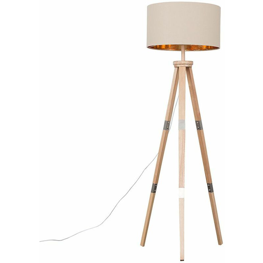 151cm Floor Lamp Wooden Tripod in Light Wood with Drum Shade - Beige & Gold