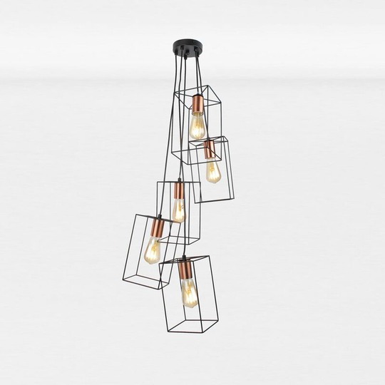 Matt Black With Brushed Copper Detail 5 Light Pendant - Matt black with brushed copper plate detail