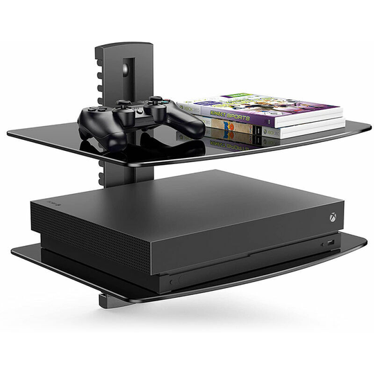 Wall Mount 2 Shelves for Game Console/Decoder/DVD cd Multimedia Players in Steel and Black Glass
