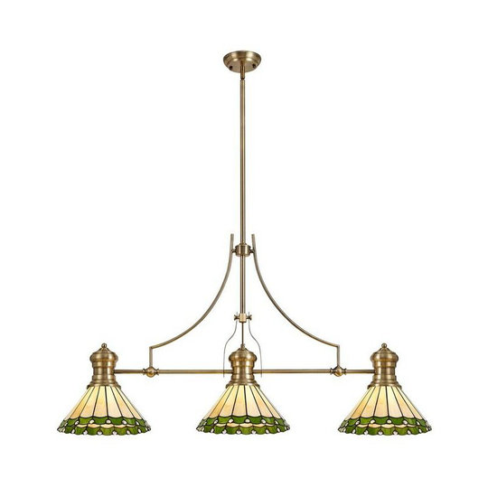 Luminosa Lighting - 3 Light Telescopic Ceiling Pendant E27 With 30cm Tiffany Shade, Antique Brass, Green, Crystal