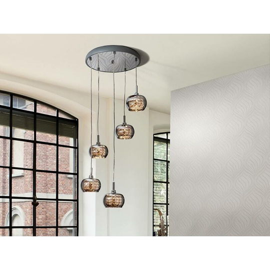 Schuller Lighting - Schuller Ari - 5 Light Dimmable Spiral Crystal Ceiling Cluster Pendant Remote Control Chrome, G9