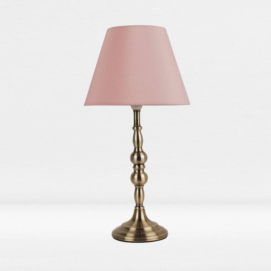 First Choice Lighting - Antique Brass Plated Bedside Table Light with Detailed Column Blush Pink Fabric Shade - Antique brass plate and textured