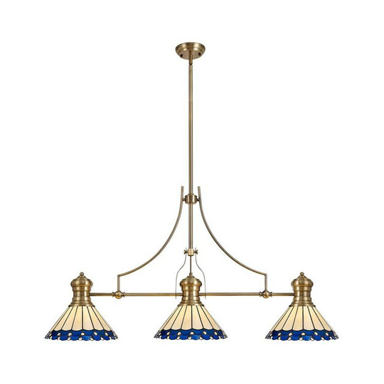 Luminosa Lighting - 3 Light Telescopic Ceiling Pendant E27 With 30cm Tiffany Shade, Antique Brass, Blue, Crystal