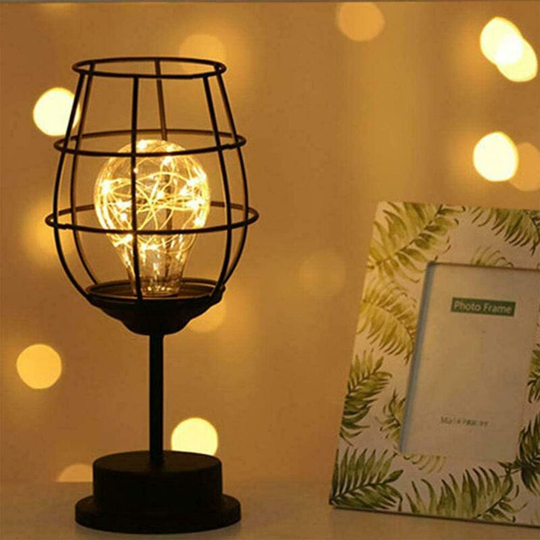Decorative table lamp, retro table lamp, cage, night light, retro, battery operated, wine glass style bedroom table lamp 1pc